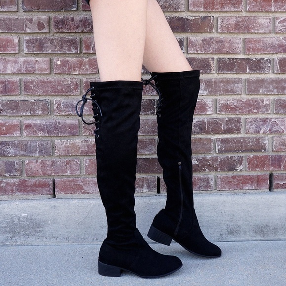 BLACK LACE UP OVER THE KNEE THIGH HIGH BOOTS - Picture 3 of 4